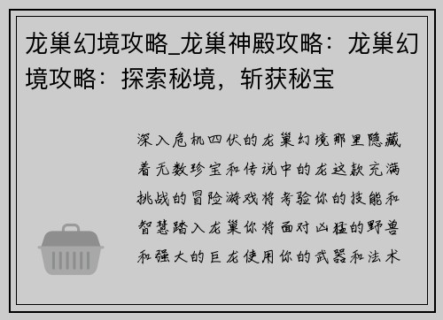 龙巢幻境攻略_龙巢神殿攻略：龙巢幻境攻略：探索秘境，斩获秘宝